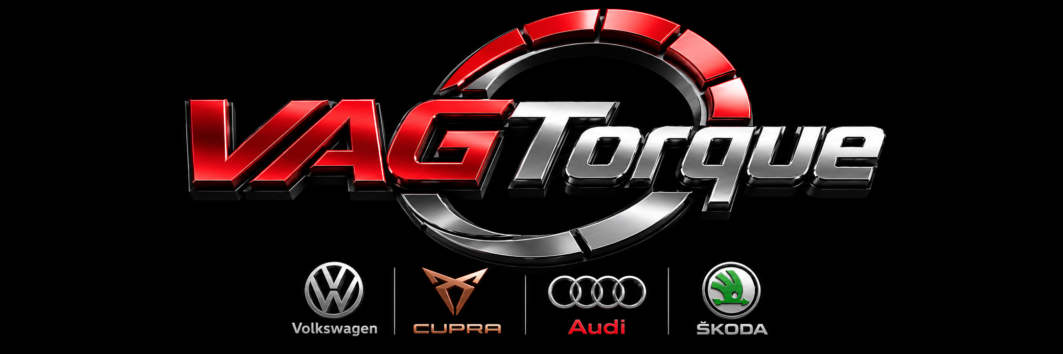 VAGTorque metallic red and silver logo with Volkswagen, CUPRA, Audi and Škoda badges